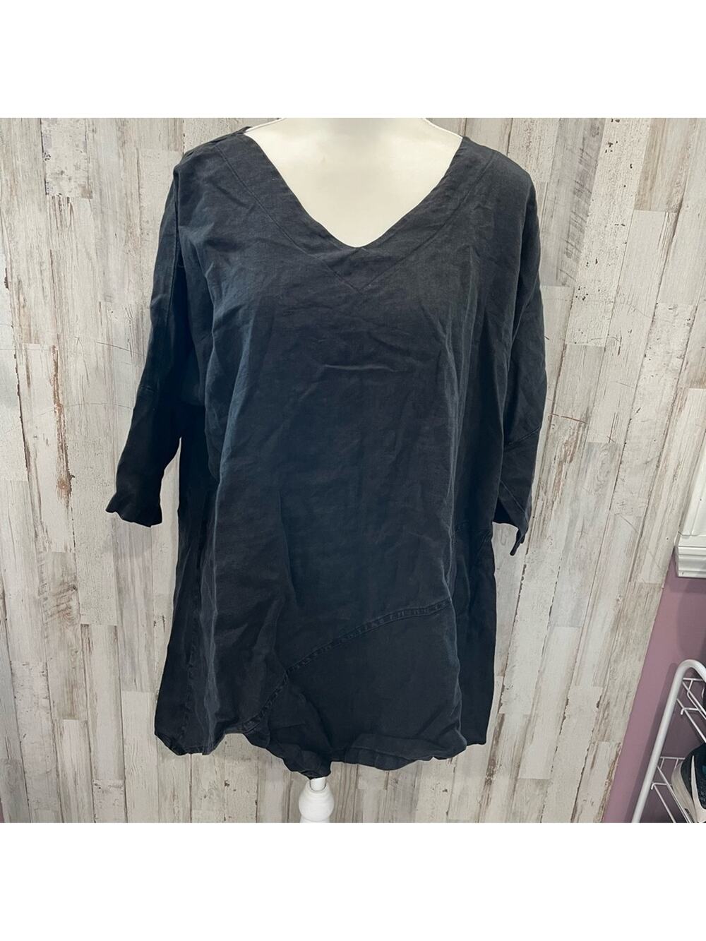 La Fixsun 100% Linen Black Lagenlook Boxy Asymmetrical Top Oversized